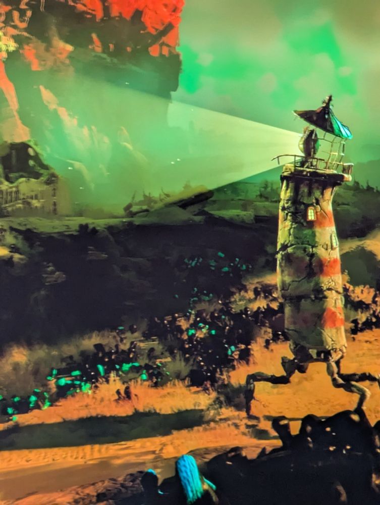 A lighthouse standing on 4 mechanical legs, looking out at an alien world 