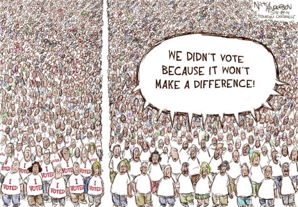 A cartoon depicting a huge crowd of people separated by a line. The smaller side is all wearing tshirts saying I voted. The larger side said we didn't vote because it won't make a difference