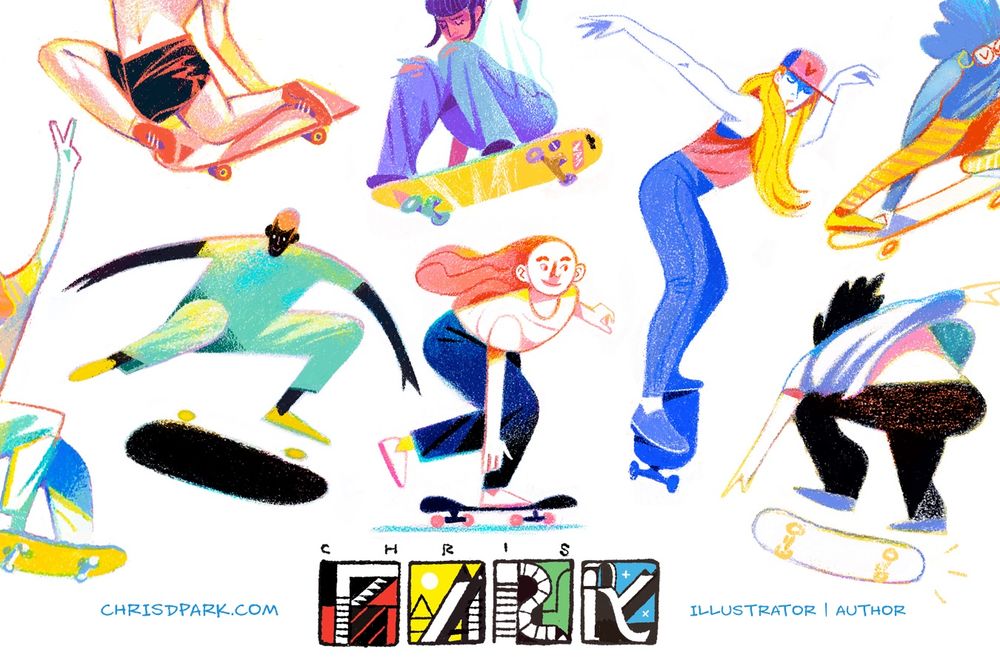 A colorful mix of male and female skateboarders on a white background. The style is abstract with bold colors and shapes.