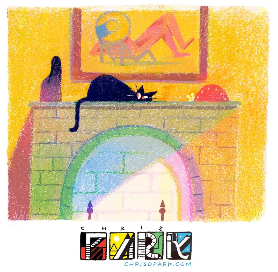 Abstract illustration of a lazy black cat lounging on a fireplace mantel.