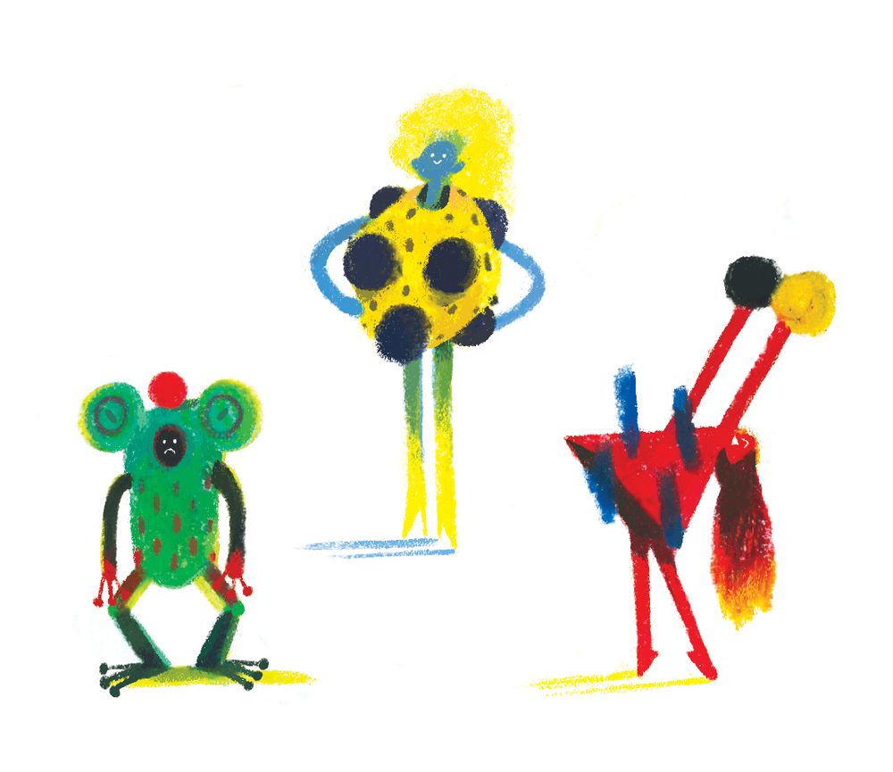 Three colorful characters all wearing abstract shapes costumes