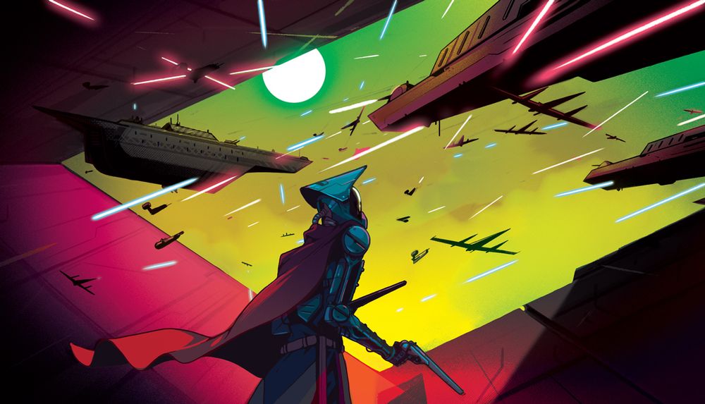 A robot soldier looks on as a space battle ensues above him