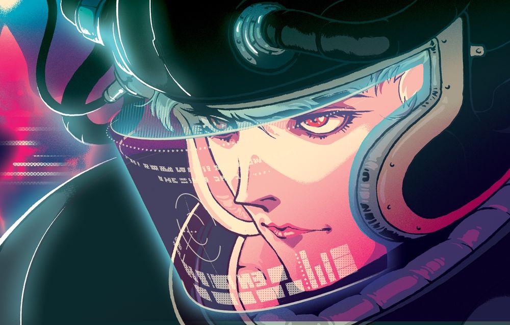 A woman wearing a cyberpunk futuristic helmet