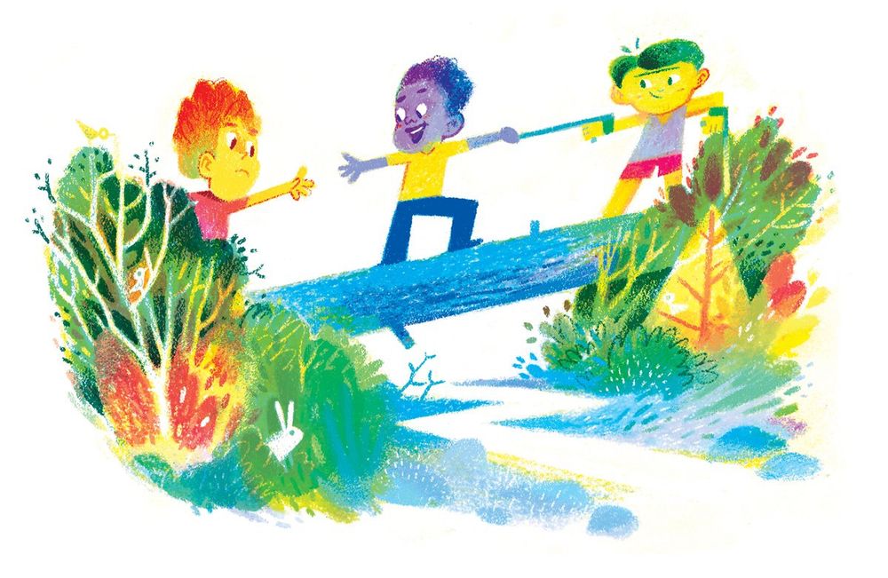 Three boys help each other cross a log over a stream