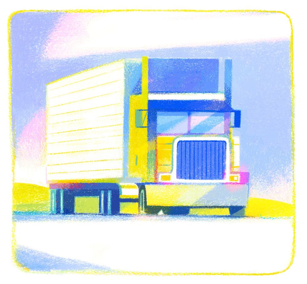 Front view of a brightly colored truck.