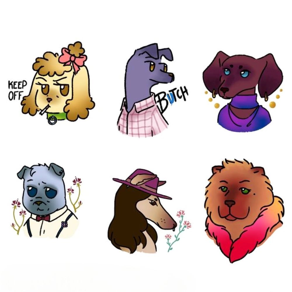Varios dibujos de perras marimacho, perras femme y perres no binaries.