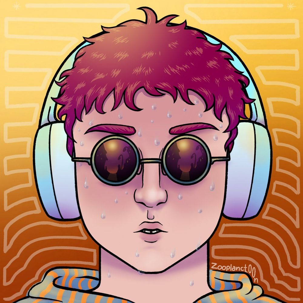 Retrato de una persona andrógina con cascos de música y gafas de sol redondas que reflejan la ciudad bajo un sol abrasador. Pelo corto rojizo, boca estrecha y múltiples gotas de sudor por la cara y el cuello mientras sostiene una expresión de desconcierto. Se ve el principio de una sudadera azul con rayas naranjas. Fondo degradado con líneas blanquecinas.