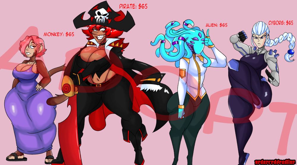 Monkey, Pirate, Alien, and Cyborg adoptables
