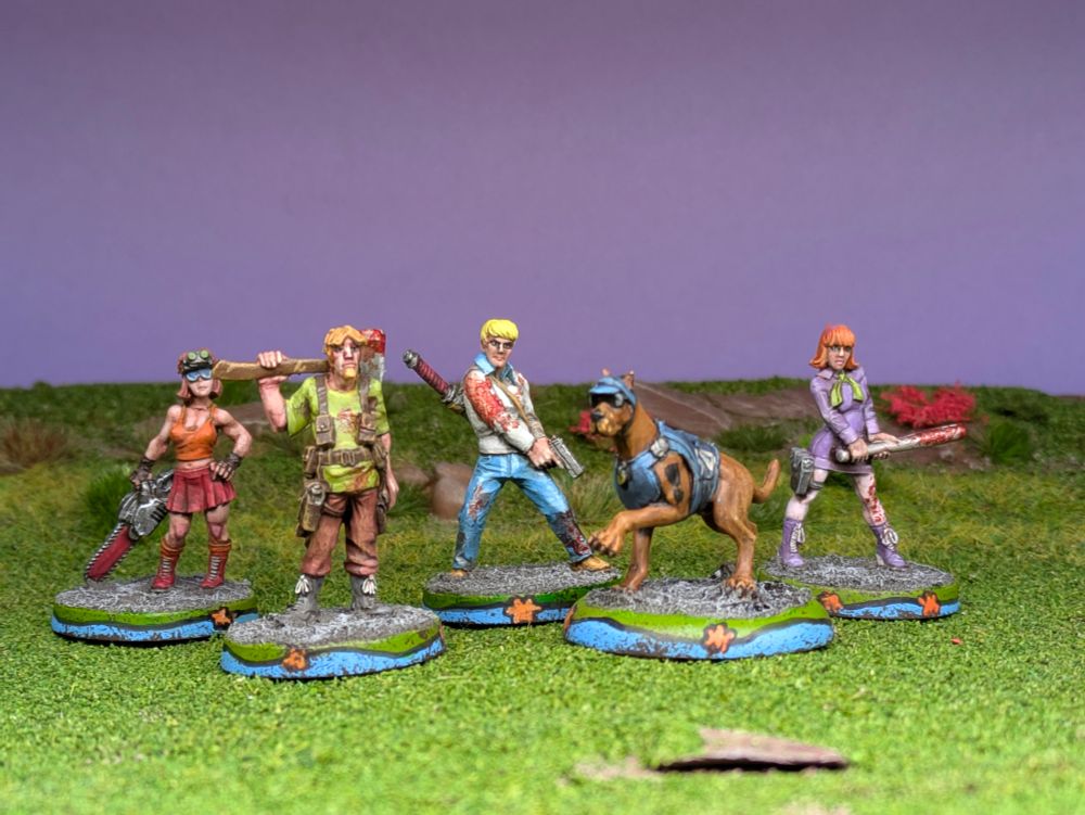 Post apocalyptic Scooby Gang miniatures with blood effects and weaponry 