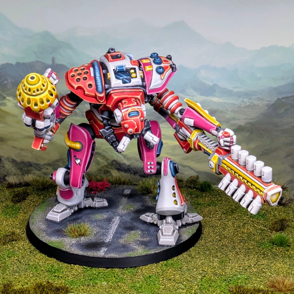 Zeo mech in bright colours: White, Yellow, Pink and Orange. 