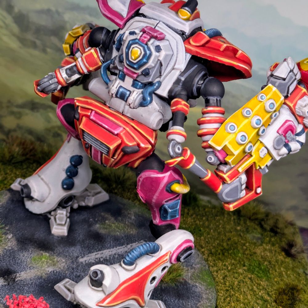Zeo mech in bright colours: White, Yellow, Pink and Orange. Rear shot showing hatch and back of the legs 