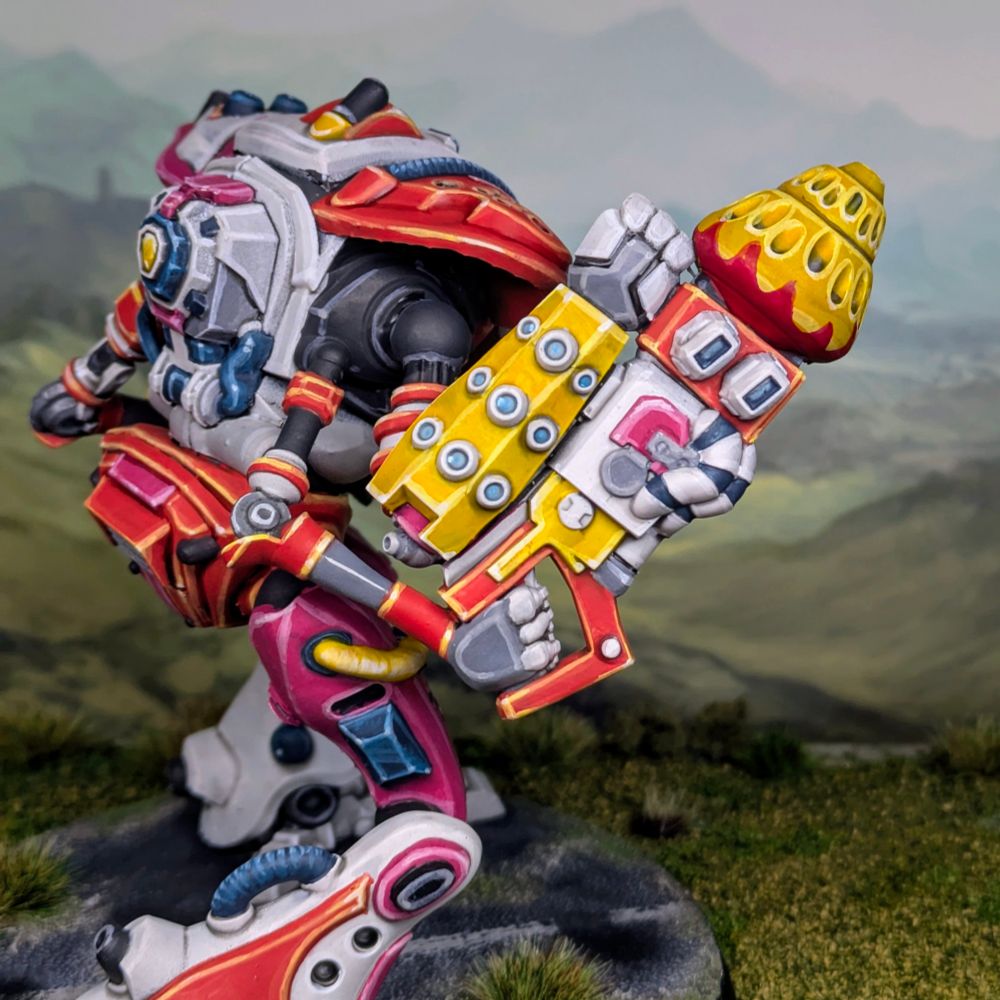 Zeo mech in bright colours: White, Yellow, Pink and Orange. Side shot showing weapon and arm detail 