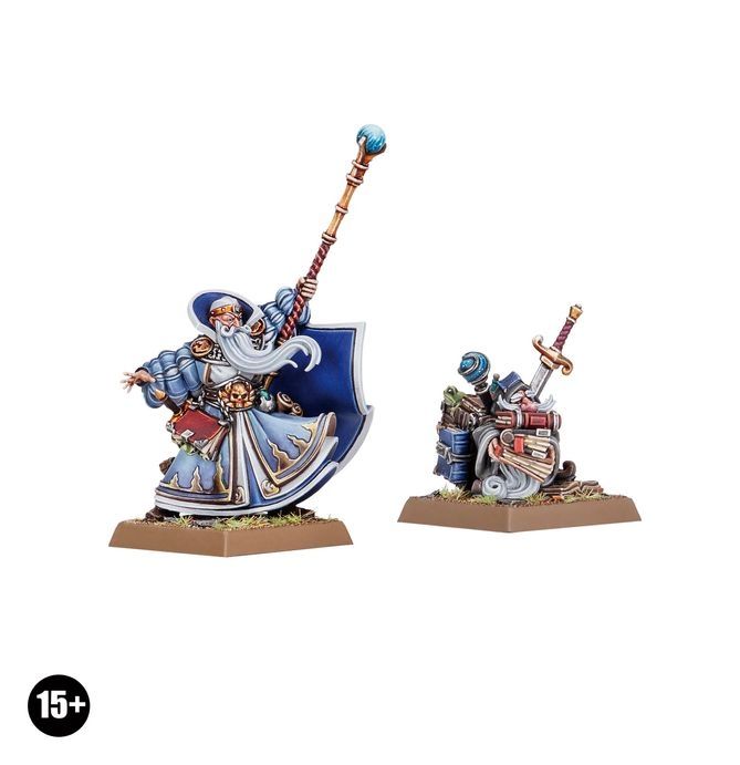 A wizard in blue robes holding a staff aloft. 