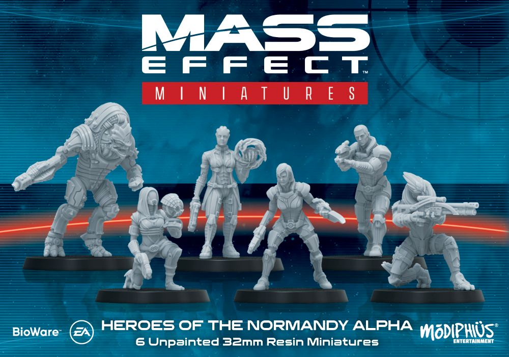 The Heroes of the Normandy Alpha product shot showing all 6 miniature figures: Wrex, Tali, Liara, Female Shepherd, Male Shepherd, and Garrus