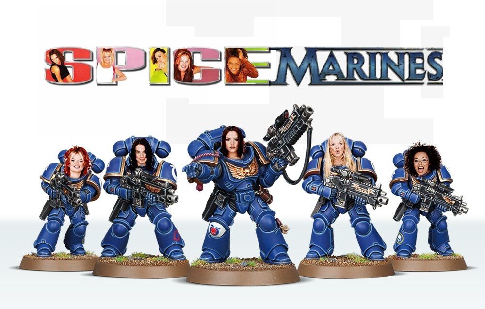 5 Space Marines with the Spice Girls' heads photoshopped on badly. 