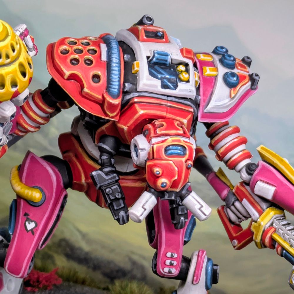 Zeo mech in bright colours: White, Yellow, Pink and Orange. Closeup on torso and head. 