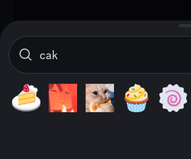 screenshot of an emoji picker ui in the discord mobile app

the search field has the characters "cak"

and the suggested emojis are: (left to right)

slice of cake on a plate, two anime girls making out with their eyes closed, cat eating a pancake, cupcake with whipped cream and sprinkles, some sort of japanese cake