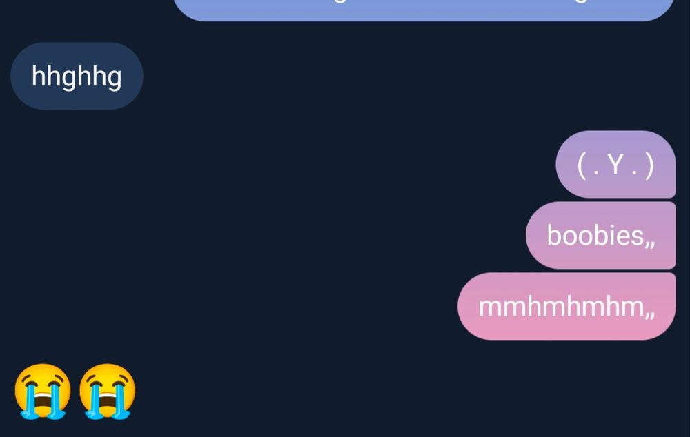 screenshot of Instagram dm conversation:

- hhghhg
- ( . Y . ) {depiction of breasts using symbols}
  boobies,,
  mmhmhmhm,,
- 😭😭 {crying emoji}