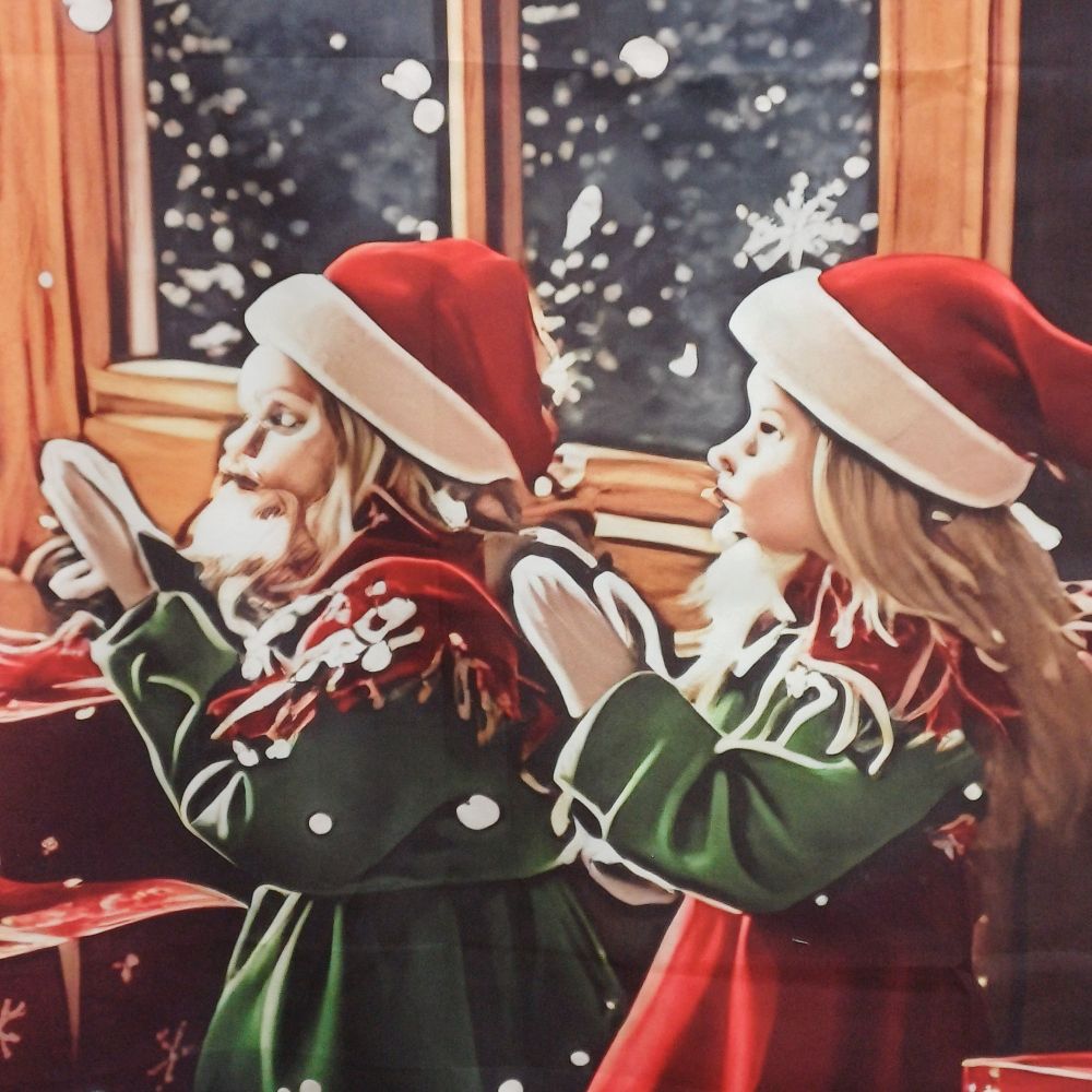 Close up of children's 'faces' from an Awful picture of Santa Claire and some children looking out of an unwisely open window at a snowy wood at night with a huge moon. Don't have nightmares. 