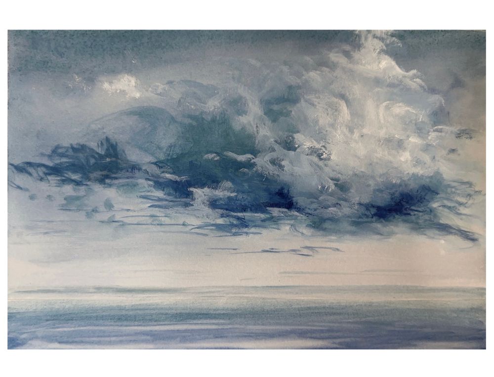 Painting: A large, stylized cloud hangs over water. The sky and cloud are painted in a variety of blues and white; mixed media