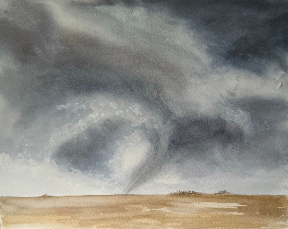 Watercolor: A wide-angle depiction of a tornado moving across a barren landscape.  Sky is painted with dramatic contrast; minimalist foreground 