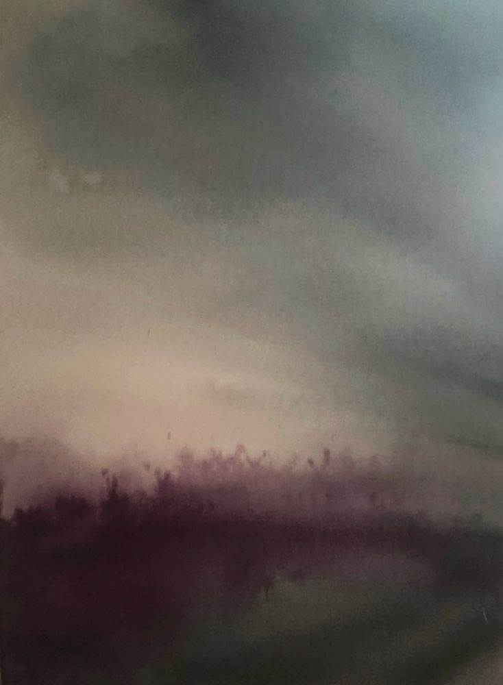Watercolor: an abstract landscape with what may be flowering trees; a dark, moody sky hangs overhead, suggestive of a storm that just passed
