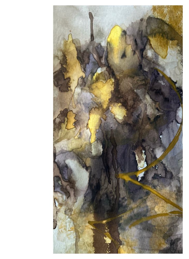 Painting: An abstract ink painting that’s vaguely botanical; color palette includes yellow, purple, brown
