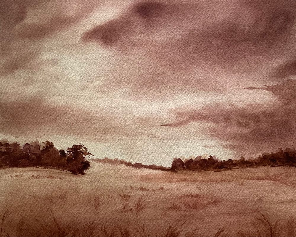 Watercolor with two pigments:  A moody sky with clouds hangs over a landscape featuring a few tree lines in the distance.  Color ranges from rusty pink to brown. 