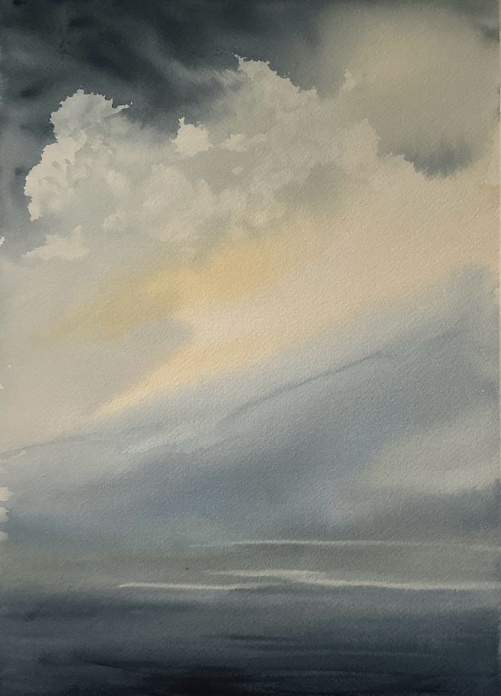 Watercolor: A big sky featuring white cumulus clouds against darker tones is painted over a more abstracted foreground.  Bands of yellow also streak across the sky, suggesting an obscured sun. 