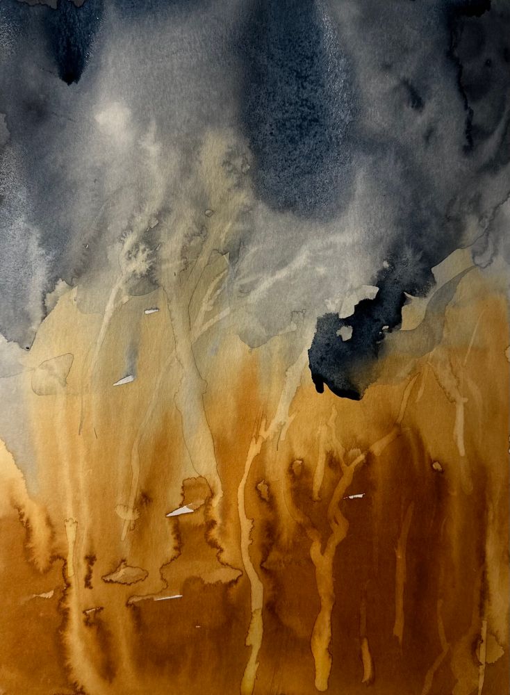 Mixed media:  An abstract landscape in tones of rust, indigo, and grey.  Painting is warmer toward the bottom and cooler toward the top.  Interpretation is left to the viewer.
