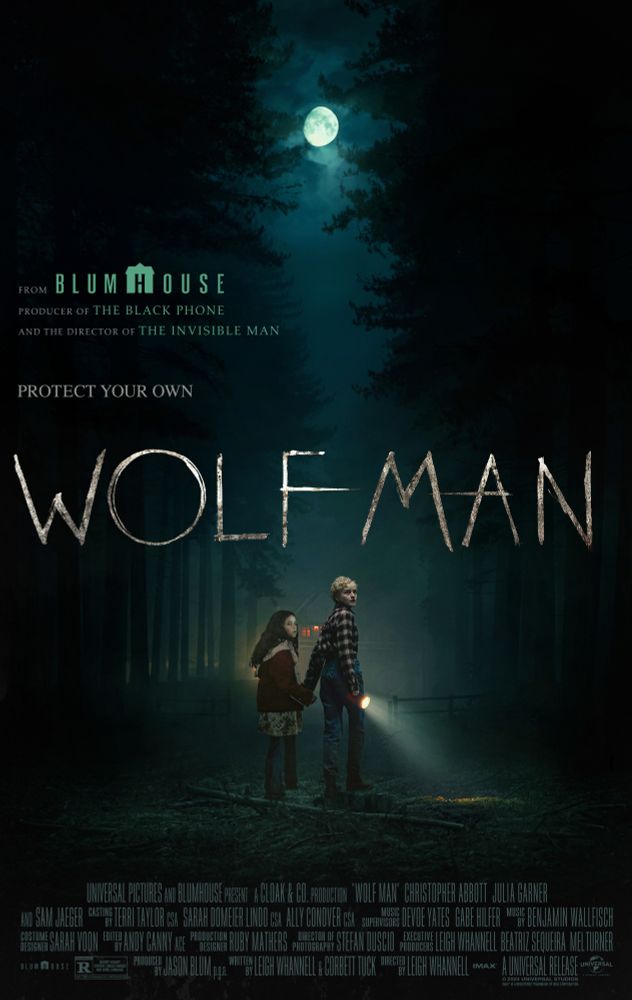 Poster for the film WOLF MAN (2025). A woman and a little girl stand in the moonlit woods. The woman is holding a flashlight. 