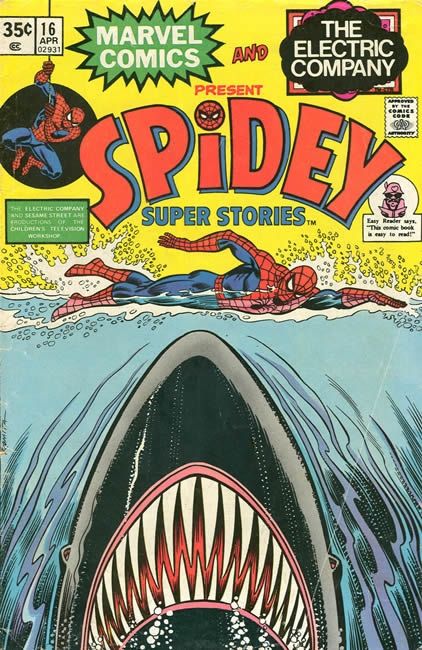 Spidey Super Stories #16, featuring a Jaws poster parody cover.