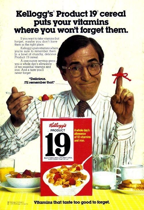 Ad for Kellogg's Product 19 cereal. "A whole day's allowance of 10 vitamins and iron."