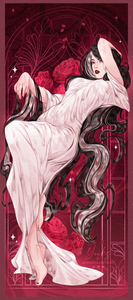 Ref: Alfons Mucha "Été"
Character Charlotte: different colored eyes (one right red, left pink), black hair with gray hidden coloring. She is wearing a white dress. The background is in red tones with elements of roses and a frame.