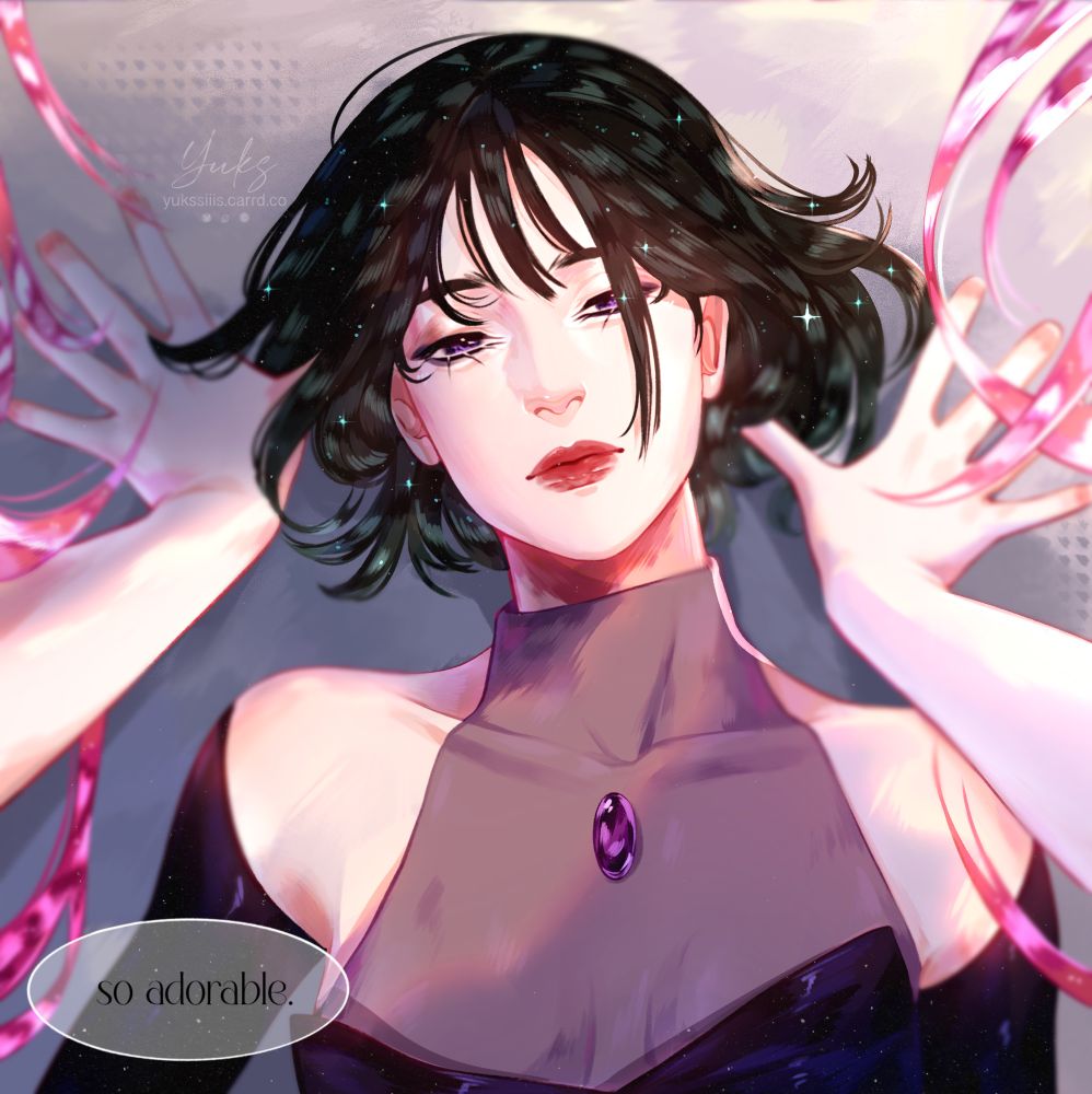 A character named Sua from the alien stage project. Short dark green hair, purple eyes. Lying down while Mizi looms over her. Redrawn fragment from the official comic