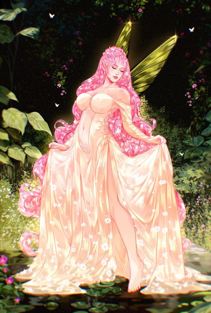 Character Aurora, pink hair, elf fairy. Green wings. Beige dress. Standing in water against the backdrop of nature