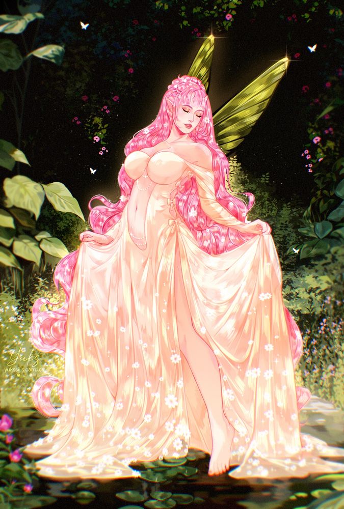 Character Aurora, pink hair, elf fairy. Green wings. Beige dress. Standing in water against the backdrop of nature