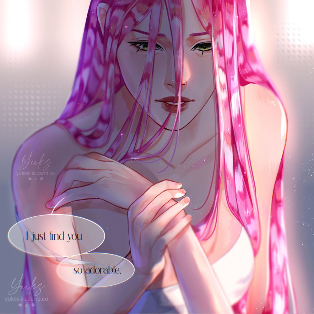 A character named Mizi from the alien stage project. Pink long hair, green eyes. Holds Sua's hand. Redrawn fragment from the official comic