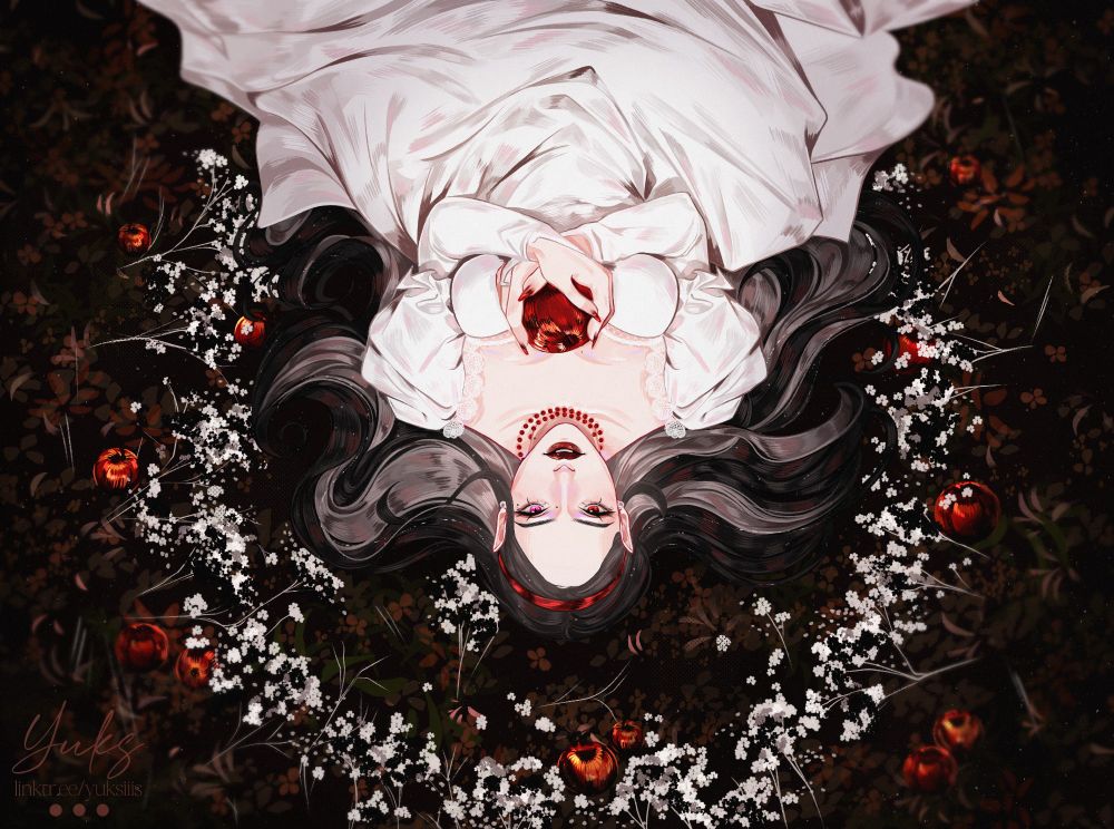 A girl in a white dress, holding an apple, lying in fallen leaves, surrounded by apples and white flowers.