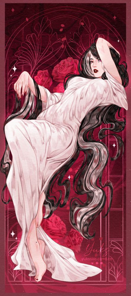 Ref: Alfons Mucha "Été"
Character Charlotte: different colored eyes (one right red, left pink), black hair with gray hidden coloring. She is wearing a white dress. The background is in red tones with elements of roses and a frame.