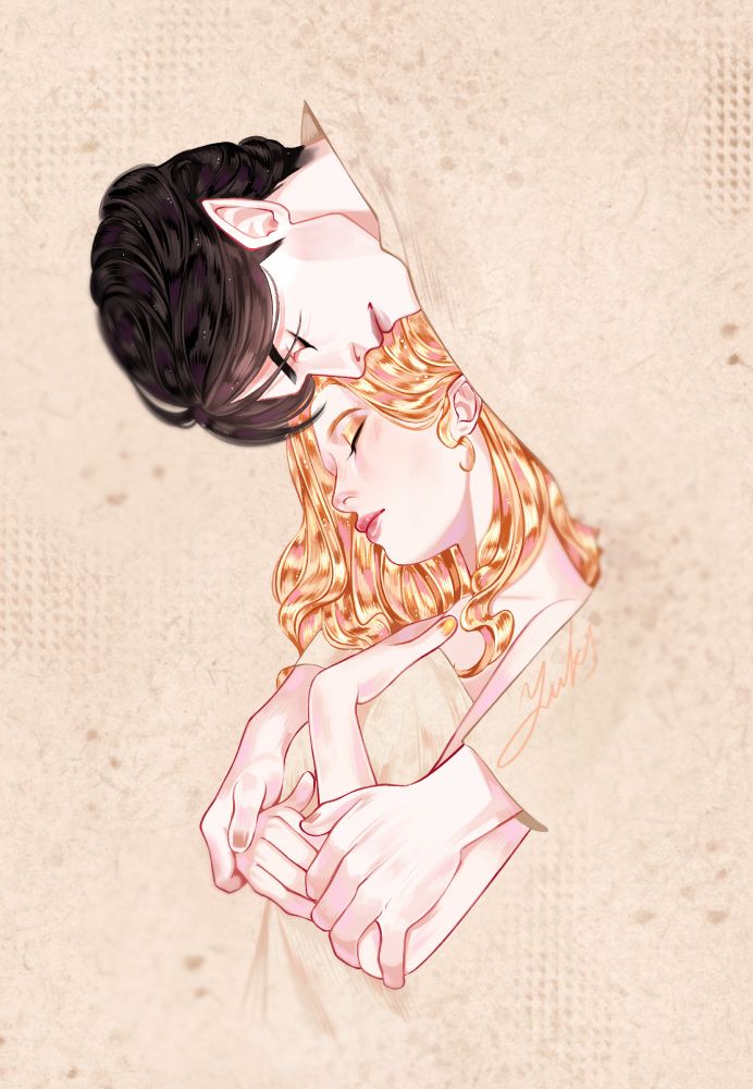 Drawing based on the reference of the artist Joseph Bowler (1958). The picture shows my characters fruit vampire blonde Elice and vampire black-haired Louis. He hugs her from behind