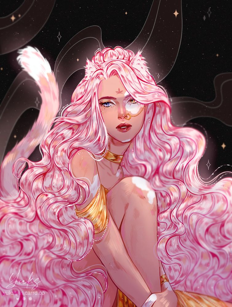 Catwoman with lush pink hair, with vitiligo, hugging a leg. One of her eyes is blue, the other is yellow