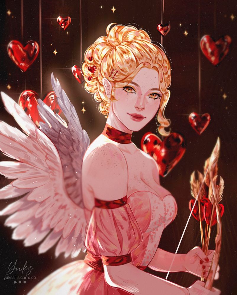 A character named Elice, with blonde hair tied in a bun at the back. In a dress with wings. In her hands she holds a bow and arrows with hearts. In the background, hearts and stars hang on strings.