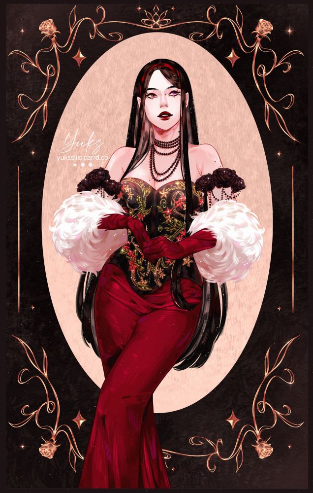 Character Charlotte: different colored eyes (one right red, left pink), black hair with gray hidden coloring. Black corset with embroidery, red skirt, gloves and white fur coat