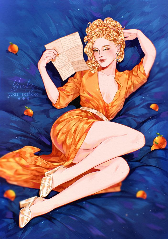 Ref: Gil Elvgren 
Fruit vampire character Elice. Lying on a blue sheet with oranges. She is wearing a yellow dress with a white belt and white shoes. She holds a leaf in one hand, and holds her blonde hair with the other.