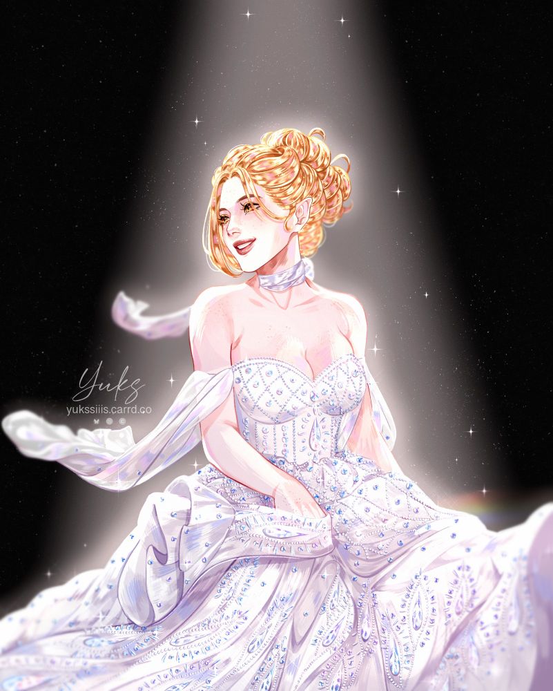 My character Elice, a blonde fruit vampire, twirls around in a beautiful white dress with rhinestones