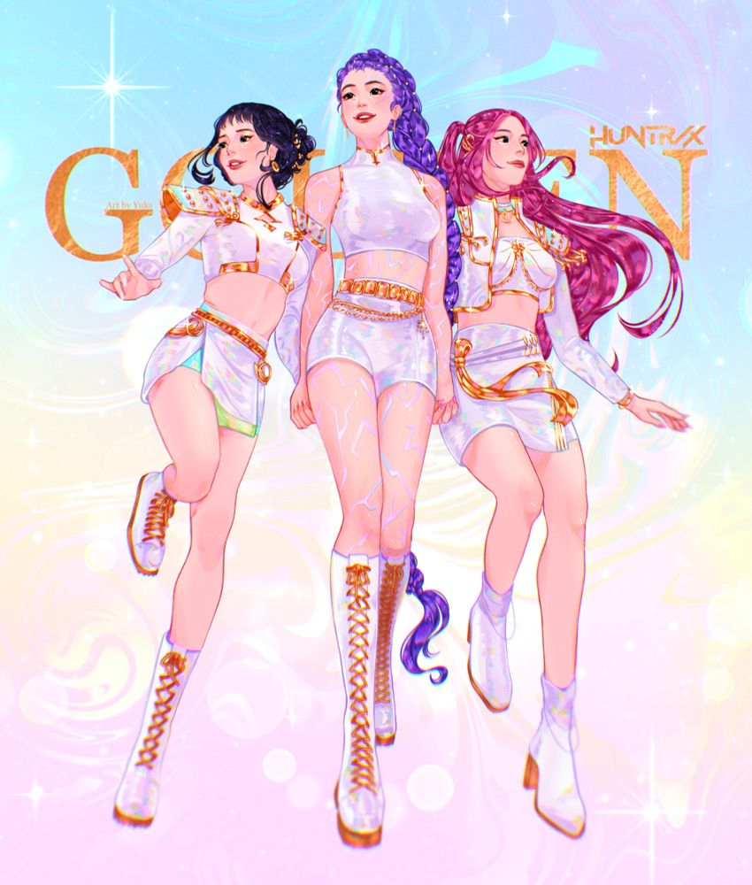 fan art for the film kpop demon hunters. Zoey, Rumi and Mira are depicted