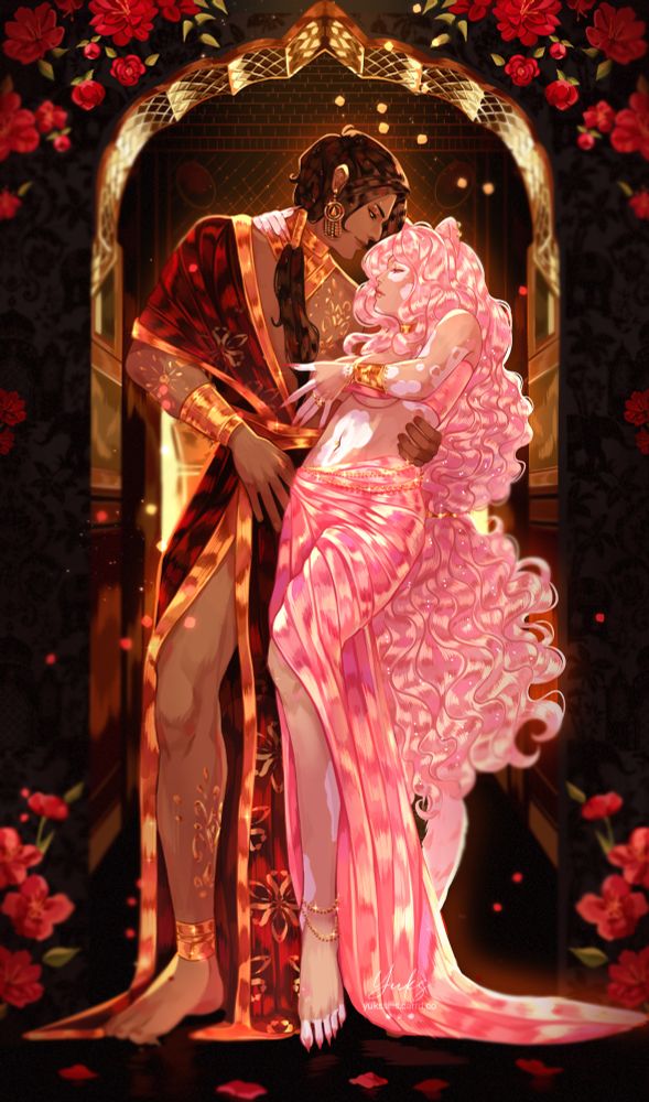 The characters belong to me. The sun god Set with his wife Asha. Set has dark skin, golden eyes, a nose with a strong hump. Long brown hair in a ponytail. Lots of gold jewelry, tattoos. Red robe. Asha is a cat with vitiligo, in the frame is a golden eye, gold jewelry, pink curly hair also in a ponytail.