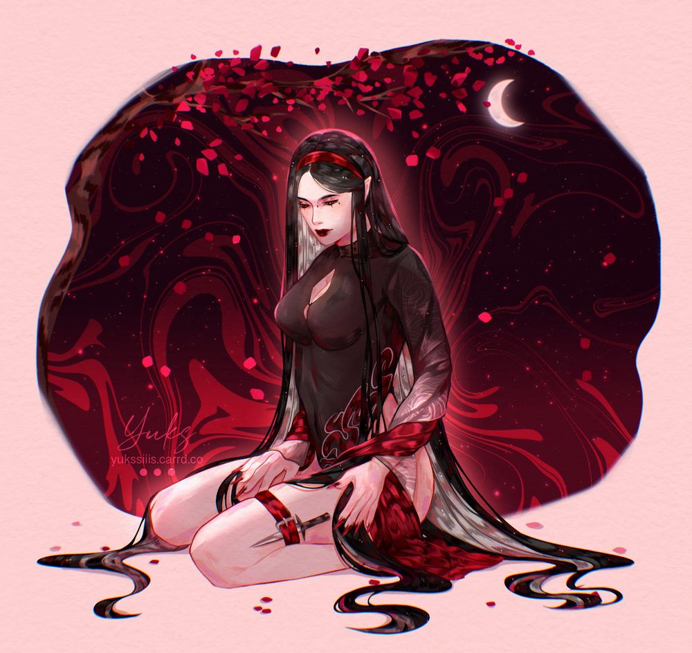 oс charlotte is sitting on her knees, she is wearing a patterned bodysuit. She is a vampire, she has different colored eyes. Black hair with hidden gray coloring. Red headband. The background consists of red shades