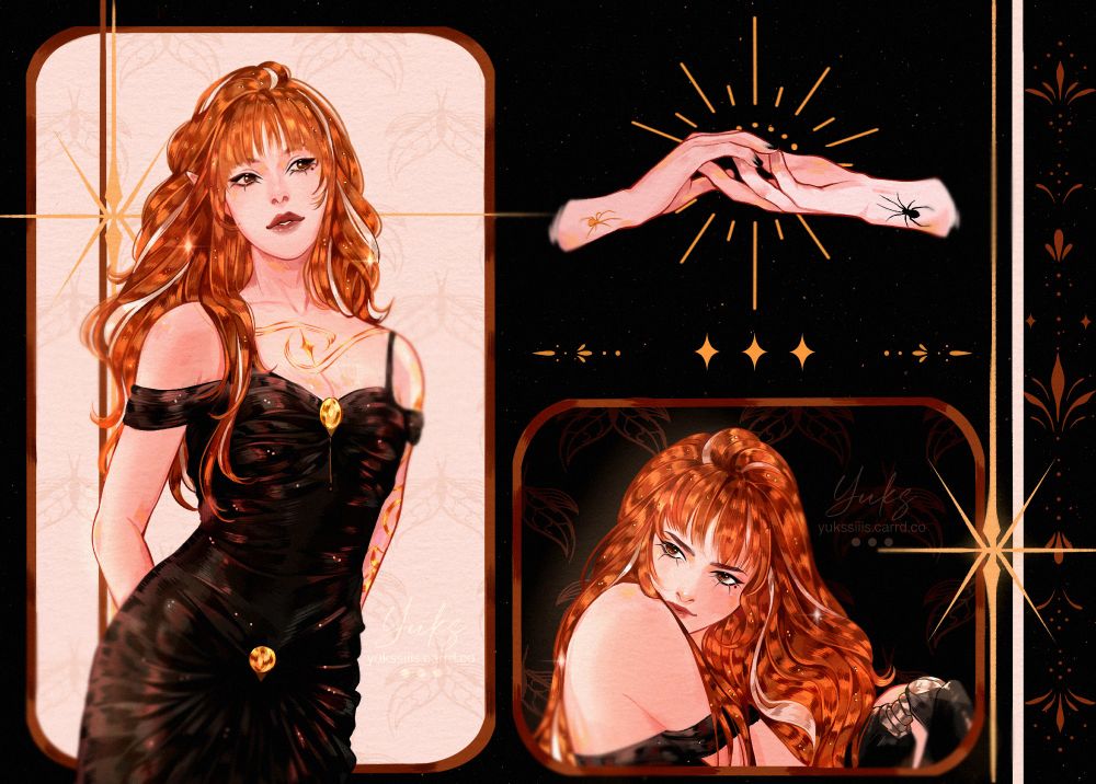 A character named Dominika, Nika for short. Red hair, white streaks, brown eyes. Black dress. Gold tattoos and a prosthetic on her left leg. Both her and her husband Lucas' arms have matching spider tattoos.